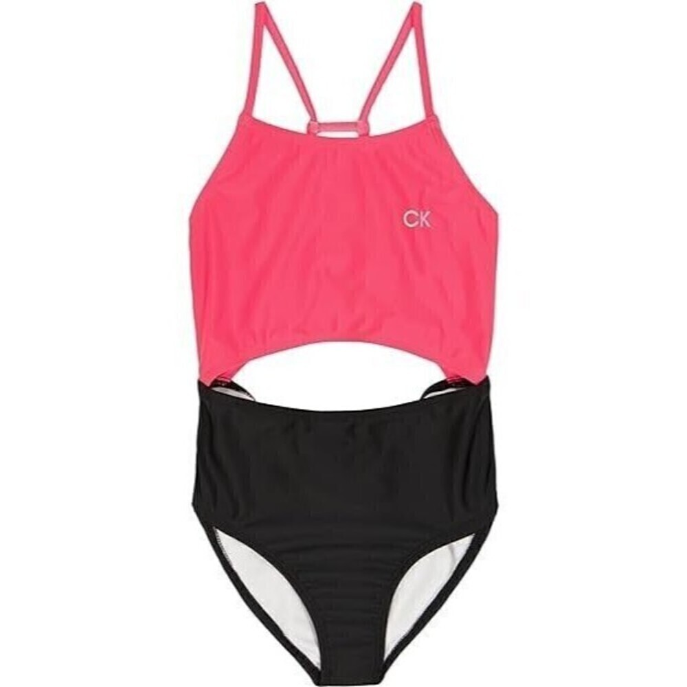 Calvin Klein Big Girls Cutout Color Block Bikini Swimsuit One Piece Pink Black 7